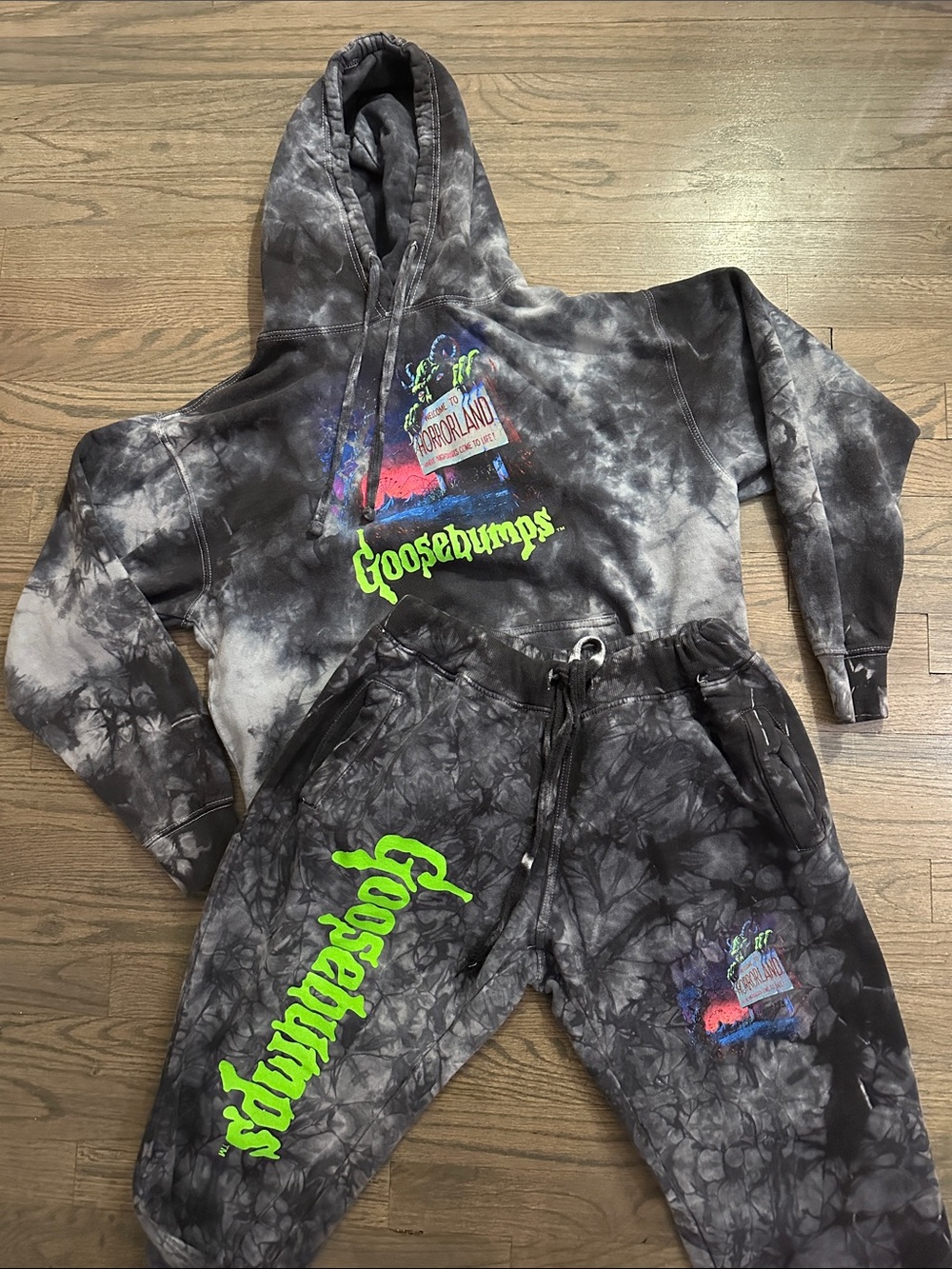 Goosebumps Spooky Black & Gray Tie-Dye “Horrorland” Hoodie & Joggers Sweat Set S